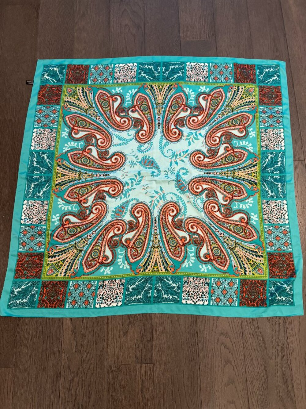Vintage Scarf Square Paisley Aqua Orange 40% Silk 35 x 35 in
